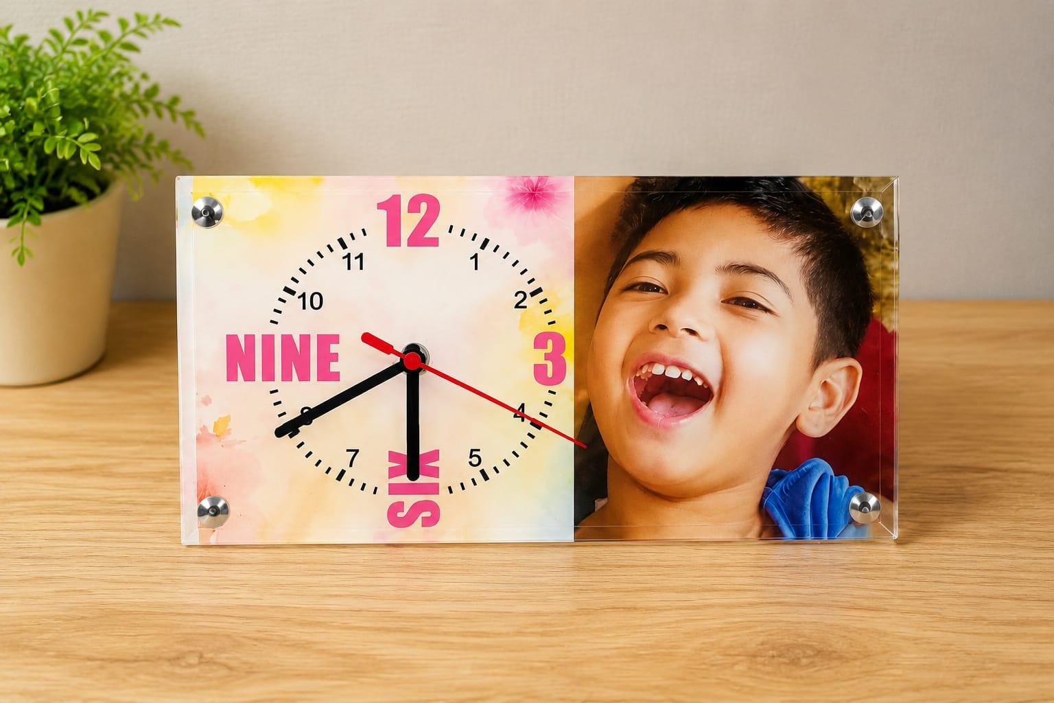 A personalised clock displaying a smiling child's photograph